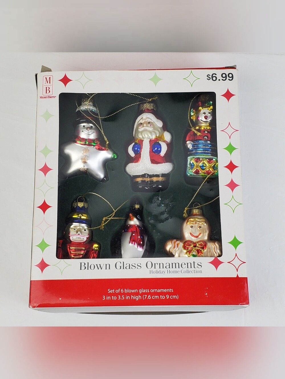 Merry Brite VTG 2003 CVS Blown Glass Ornaments Christmas - Set of 6 - NOS
